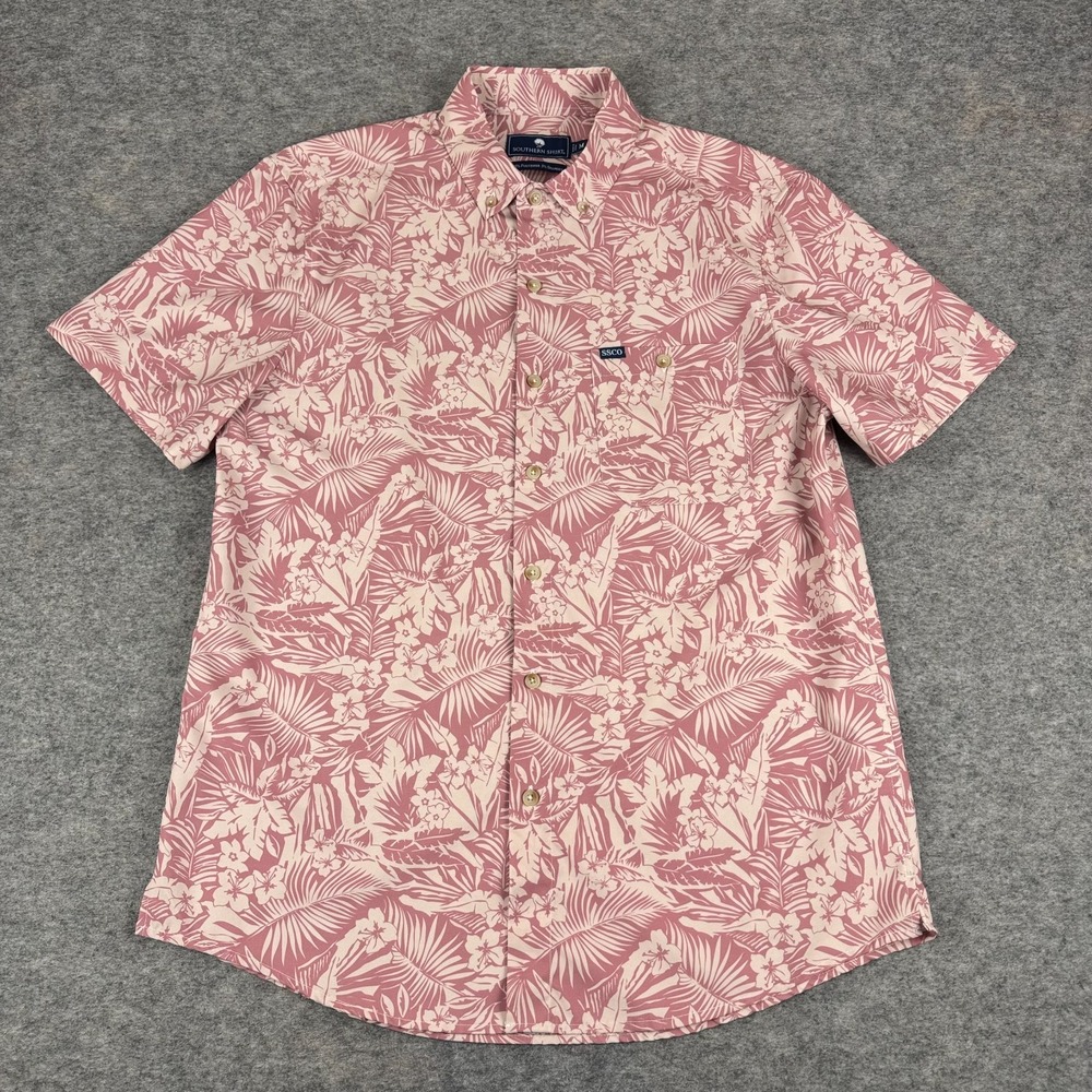 Southern Shirt Button Down Shirt Hawaiian Floral Pink Polyester Mens Medium M